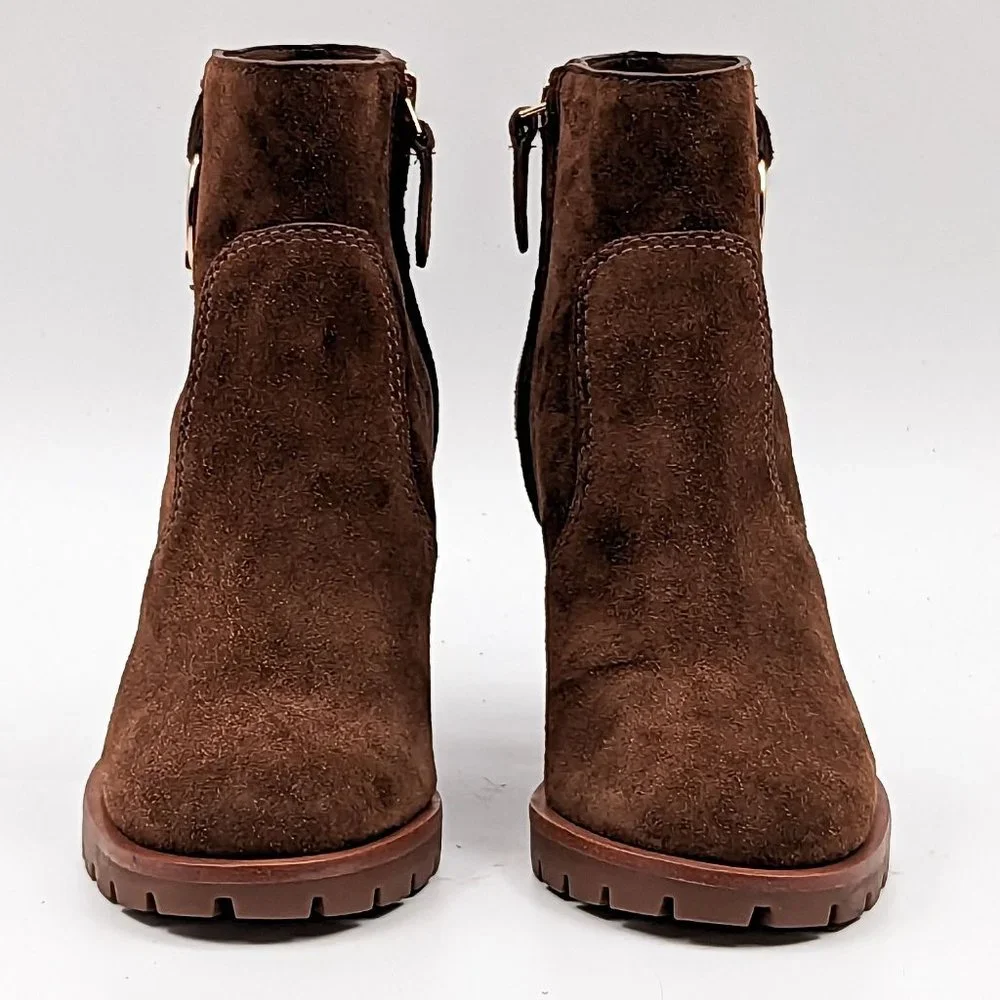 Tory Burch Women Sofia 85 Lug Sole T Logo Heeled Brown Suede Boots size 5 - Picture 2 of 11